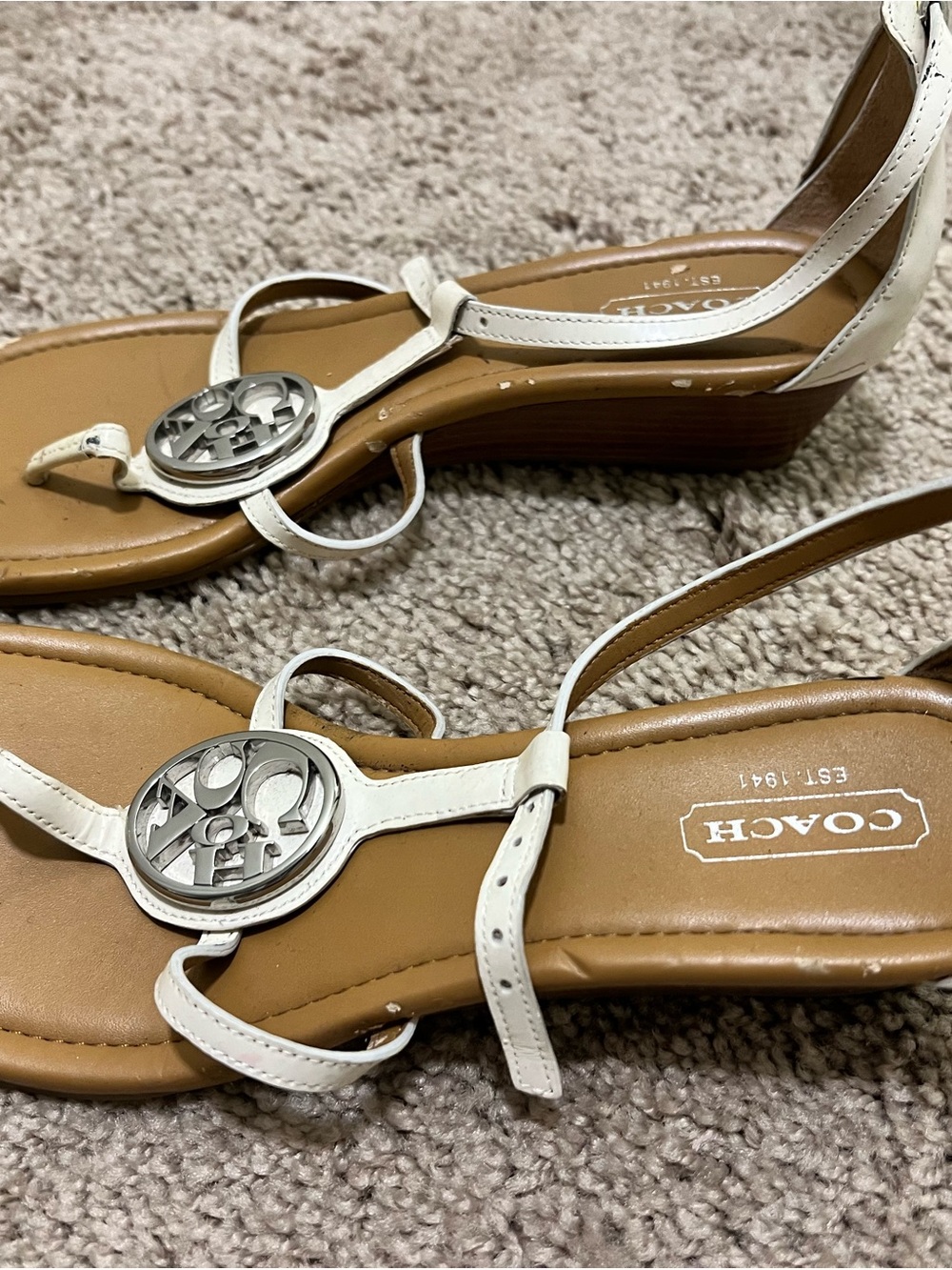 Coach White Leather T-Strap Wedge Sandals with Silver Logo Medallion